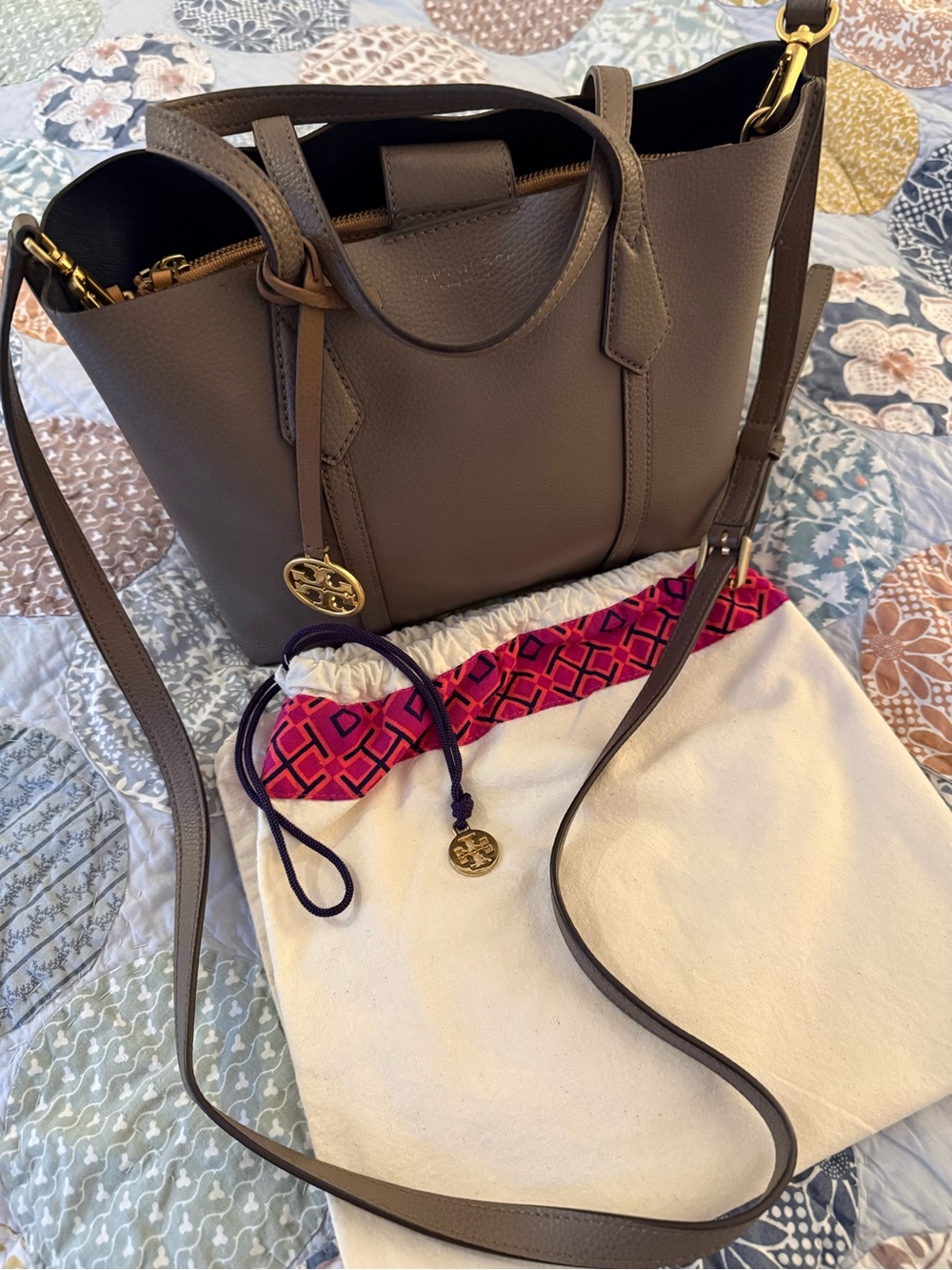 Tory Burch Taupe Pebbled Leather Mini Tote with Gold Hardware